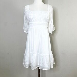 Lulus Ethereal Arrival White Square Neck Puff Sleeve Tie Back Mini Dress Medium